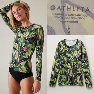 NEW ATHLETA L TROPICAL FLORAL BLACK LONG SLEEVE SWIM SHIRT RASHGUARD LARGE NWT